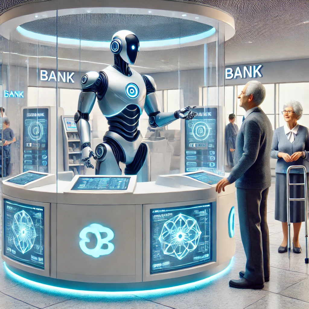 Robot AI in bank offering fintech services